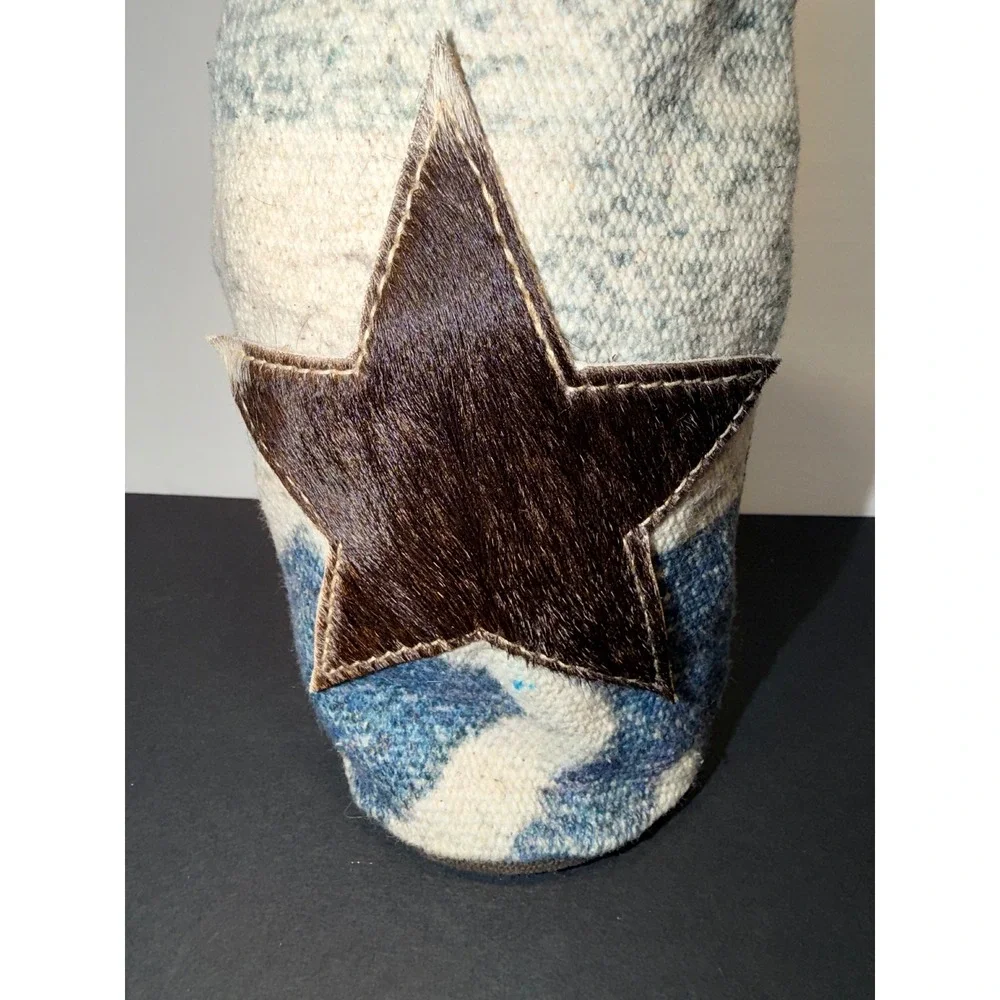 Western Star Wine Bottle Koozie Carrier Canvas Leather Hair-on-Hide Brown Blue‎